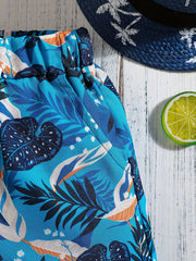 Boys Leaf Print Casual Shorts for Vacation Beach Kids Summer Clothes