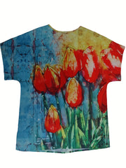 Floral Print Tie Dye Round Neck Short Sleeve Blouse