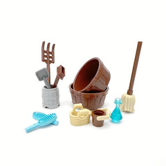 12pcs Cleaning Toy Blocks Set DIY Mini Utensils Cups Bottles Wooden Bu