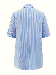 Stripe Print Roll Up Sleeve Button Up Shirt Dress
