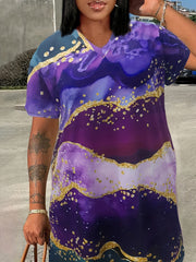 Marble Print V Neck Dress With Pockets