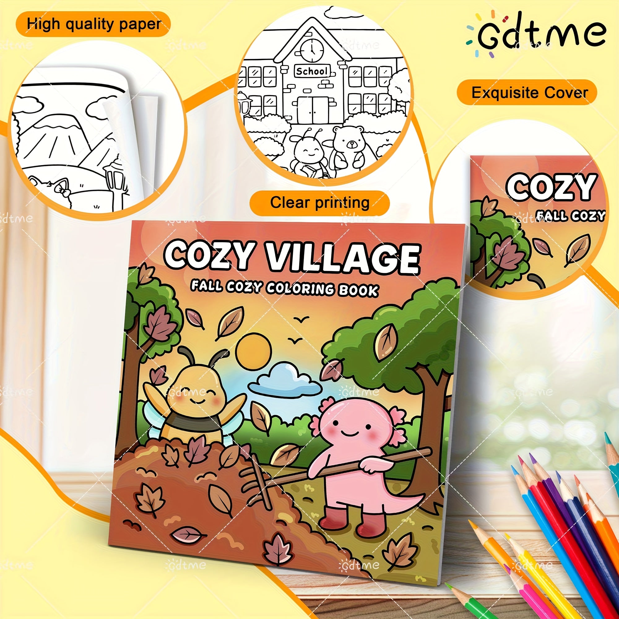 GDTME Cozy Village Coloring Book for Teens & Adults 24 Pgs Fall Art