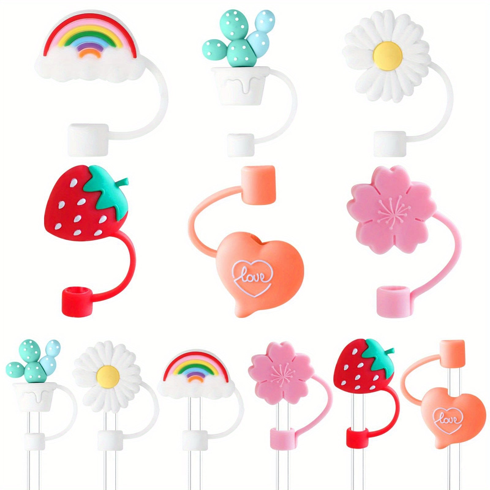 6pcs Silicone Straw Tips Covers- Flower & Fruit Shapes for Drinking
