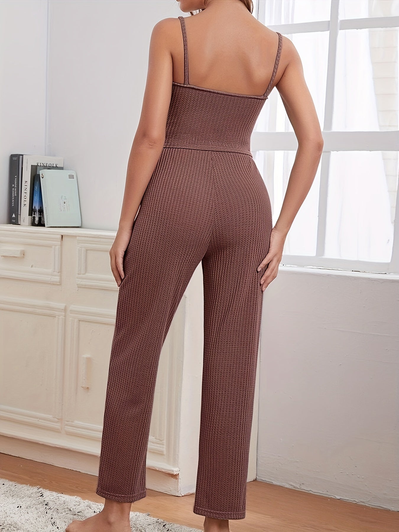 Waffle Lounge Set Robe & Cami Top & Lace Up Pants Women's Loungewear