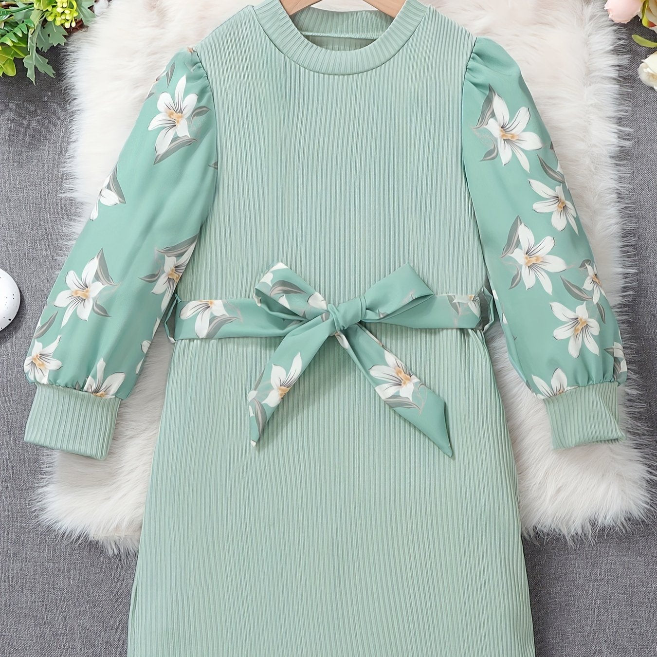 Floral Colorblock Long Sleeve Casual Dress Set with Belt