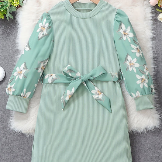 Floral Colorblock Long Sleeve Casual Dress Set with Belt