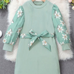 Floral Colorblock Long Sleeve Casual Dress Set with Belt