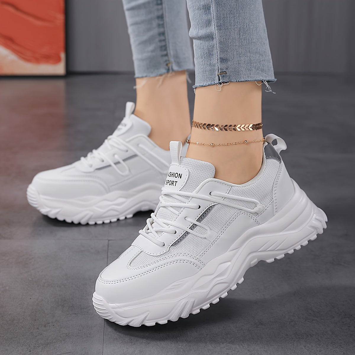 Women's Faux Leather Chunky Sneakers for Outdoor Sports