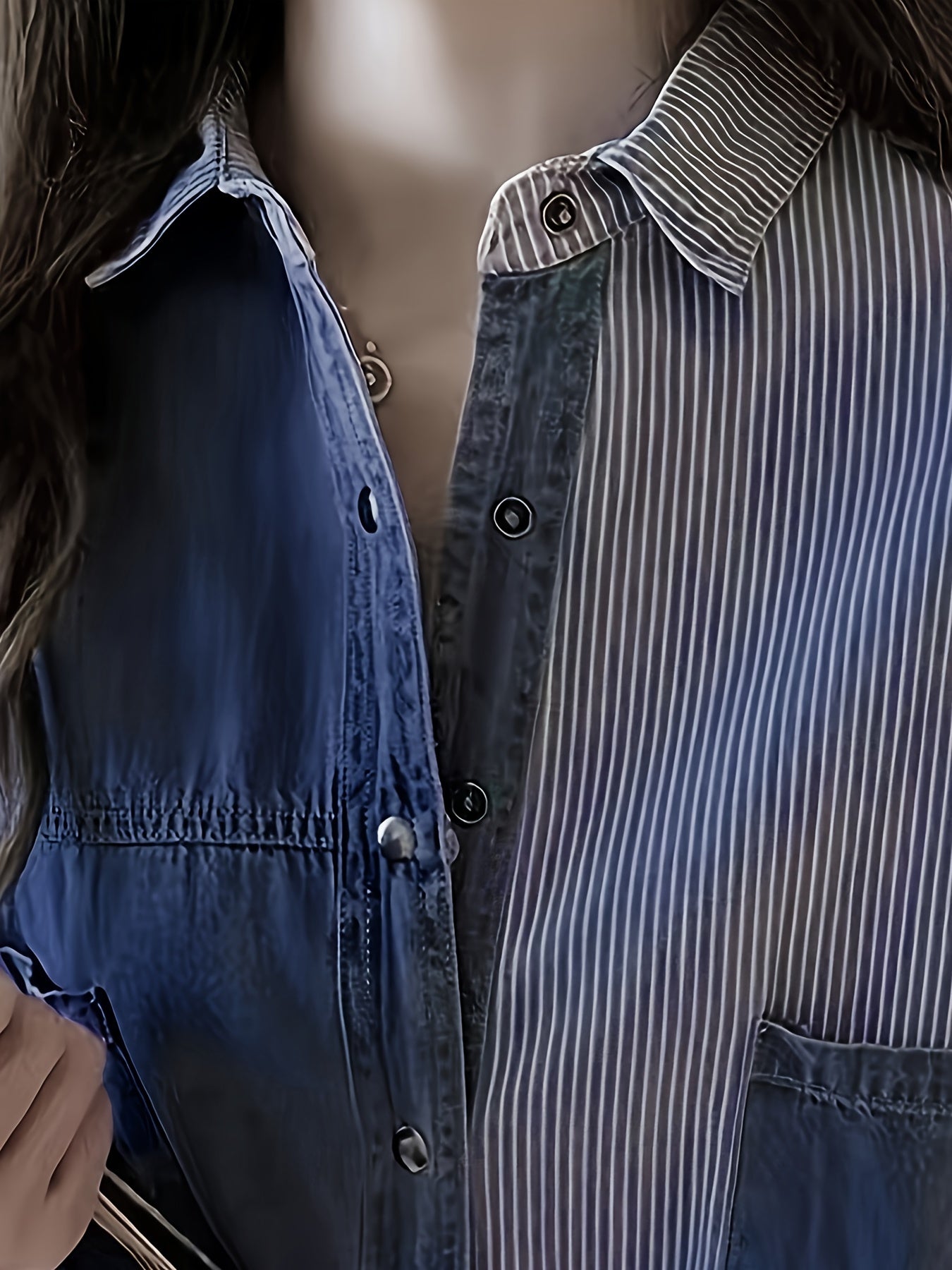 Denim Top Women's Plus Contrast Striped Print