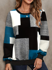 Geo Print Block Crew Neck Pullover Sweatshirt for Women