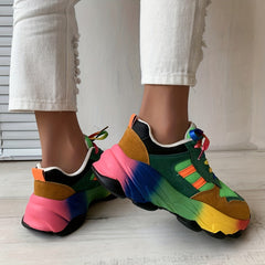 Women's Rainbow Chunky Sneakers Lace-Up Low Top Sports Shoes