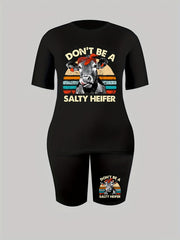 Women's Plus Cow & Letter Print Top & Shorts Set