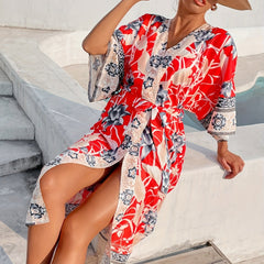 Floral Print Surplice V Neck Cover Up Kaftan Red Kimono Sleeve Coverup Dress