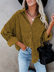 Solid Corduroy Button Up Long Sleeve Collar Shirt