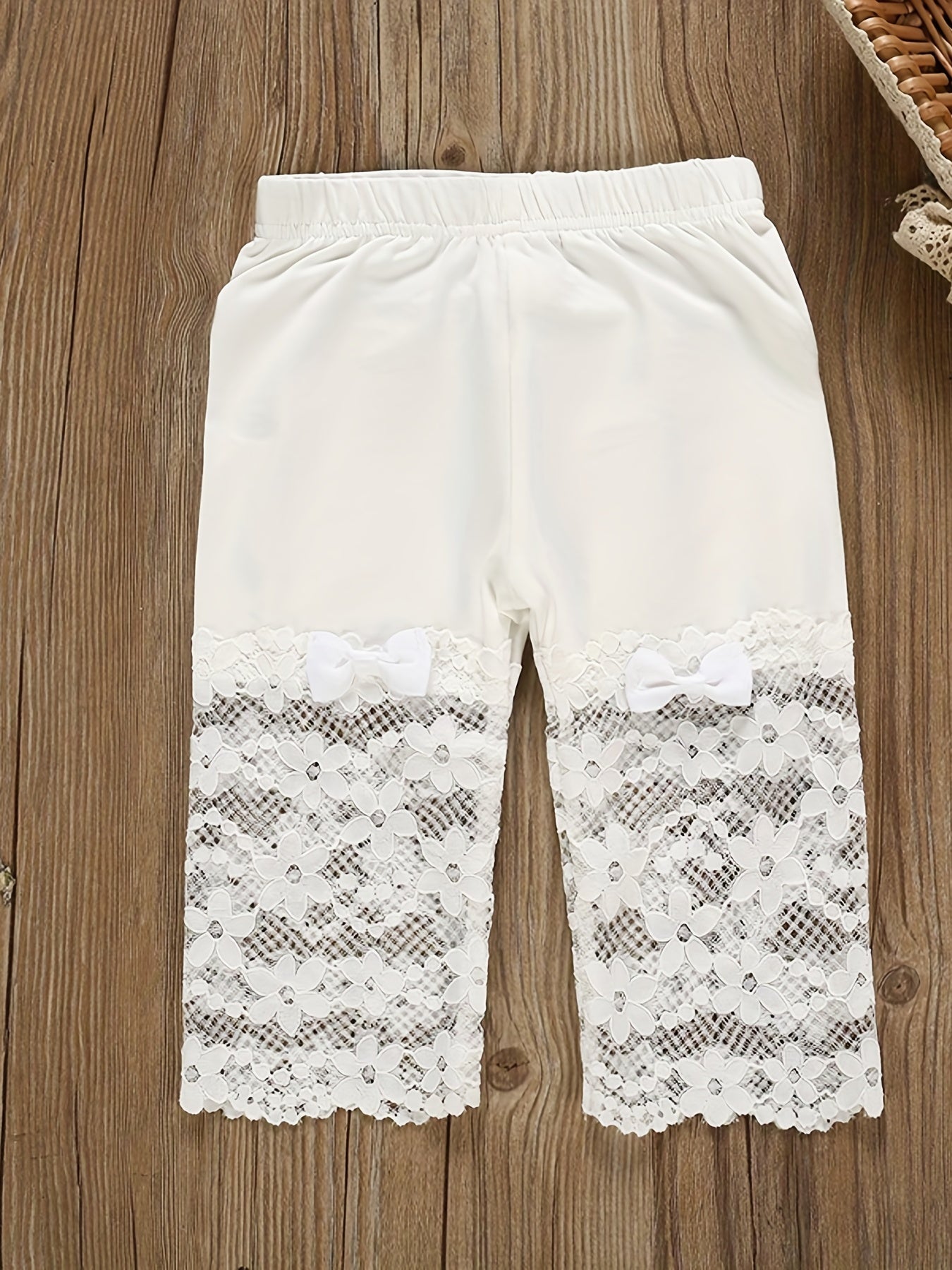Girls Soft Cotton Leggings with Bow Flowers Lace Patchwork