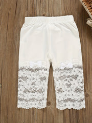 Girls Soft Cotton Leggings with Bow Flowers Lace Patchwork