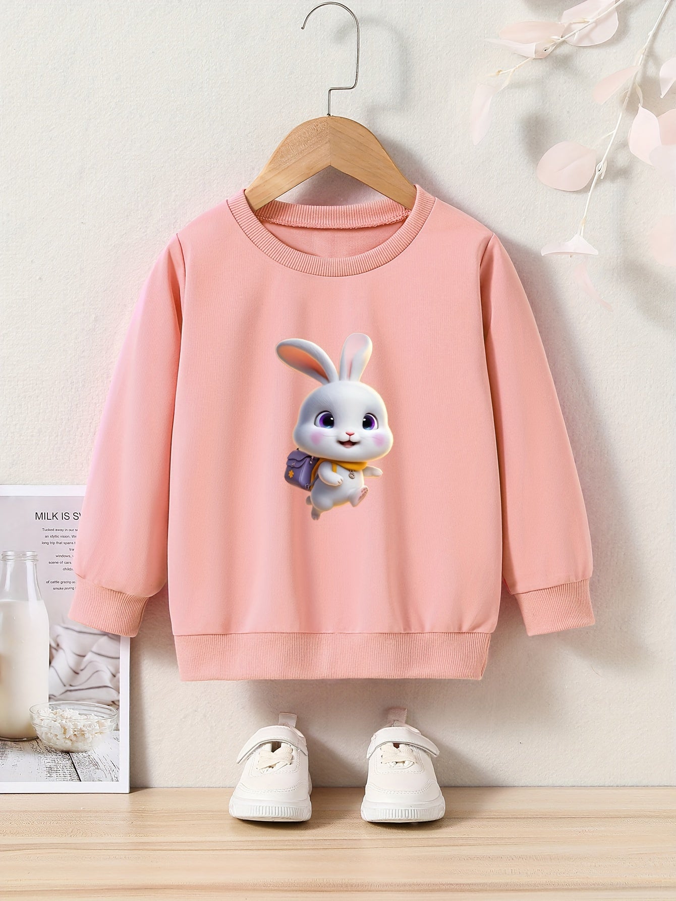 Rabbit Print Girls Casual Pullover Sweatshirt Crew Neck Tops