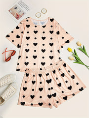 Heart & Dot Print T-shirt & Shorts Pajama Set