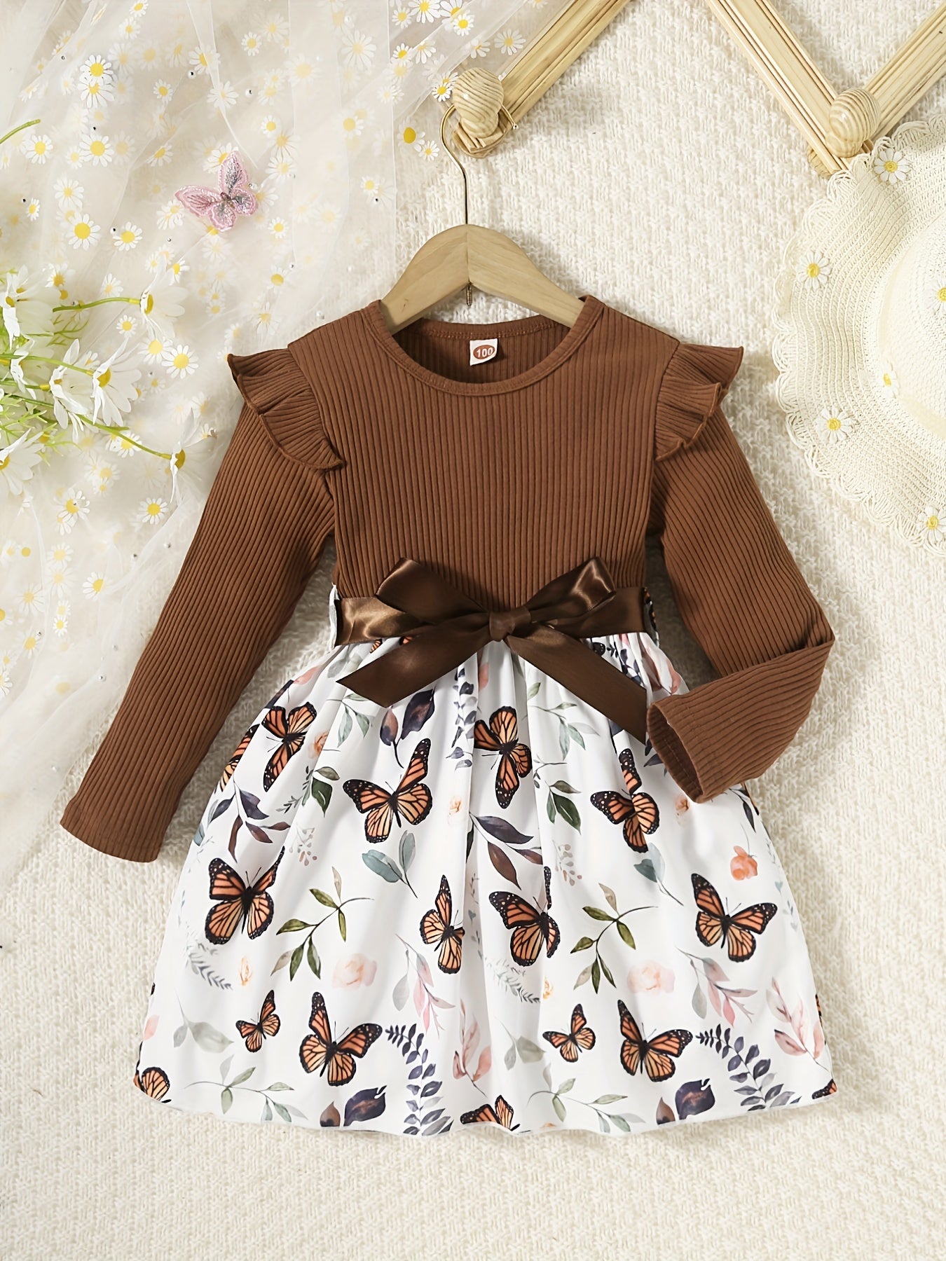 Girls Butterfly Print Ribbed Long Sleeve Dress