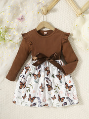 Girls Butterfly Print Ribbed Long Sleeve Dress