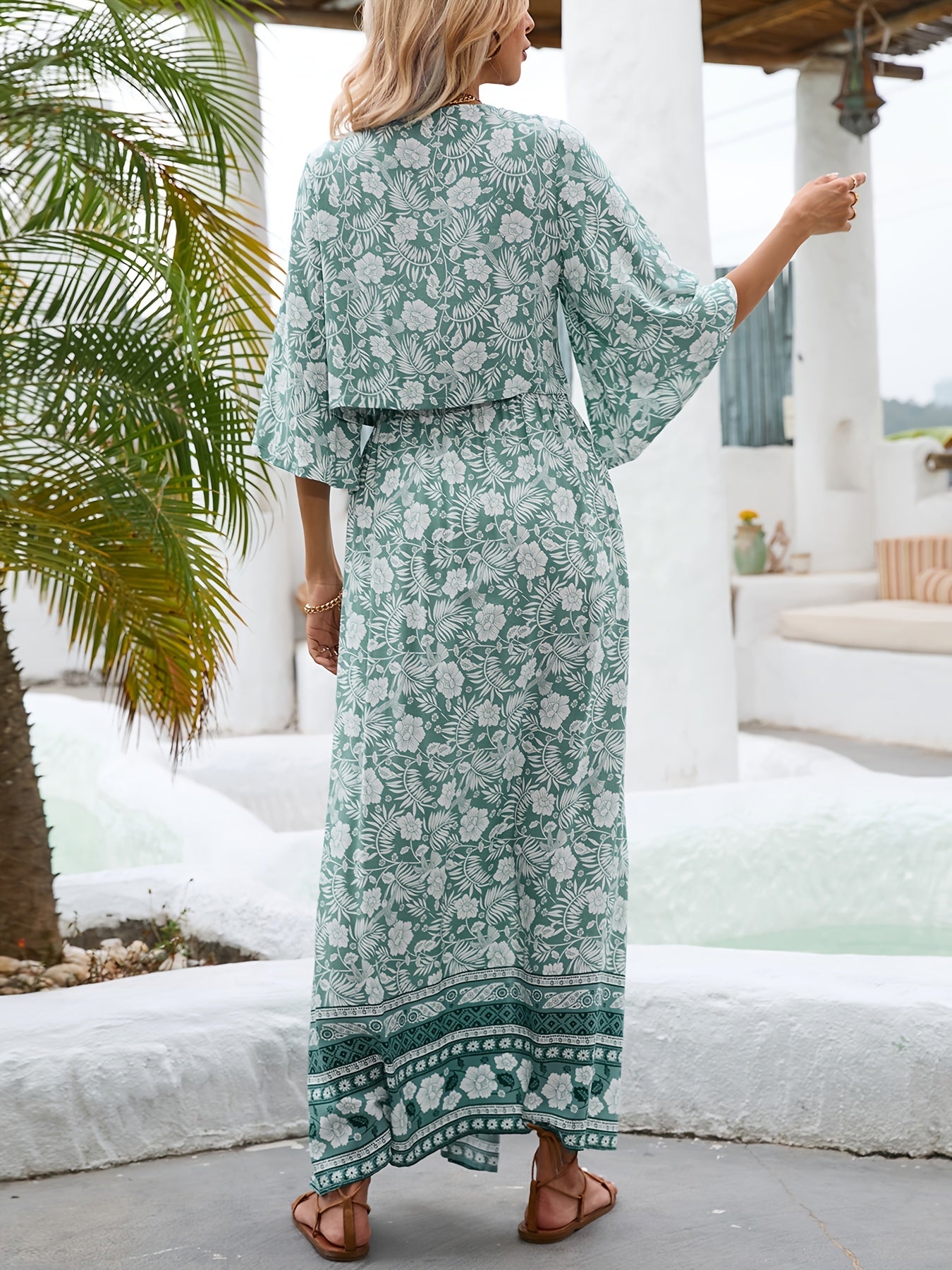 Boho Floral Print 2pc Set V Neck Tie Front Tops & Maxi Skirts Outfit