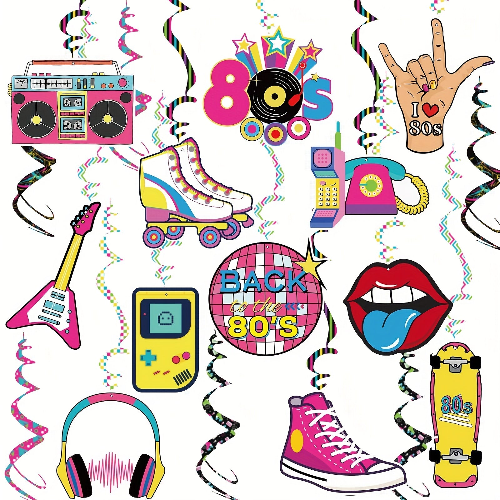 30pcs 80s Hip Hop Neon Swirls Ceiling Decorations for Back to the 80s Party