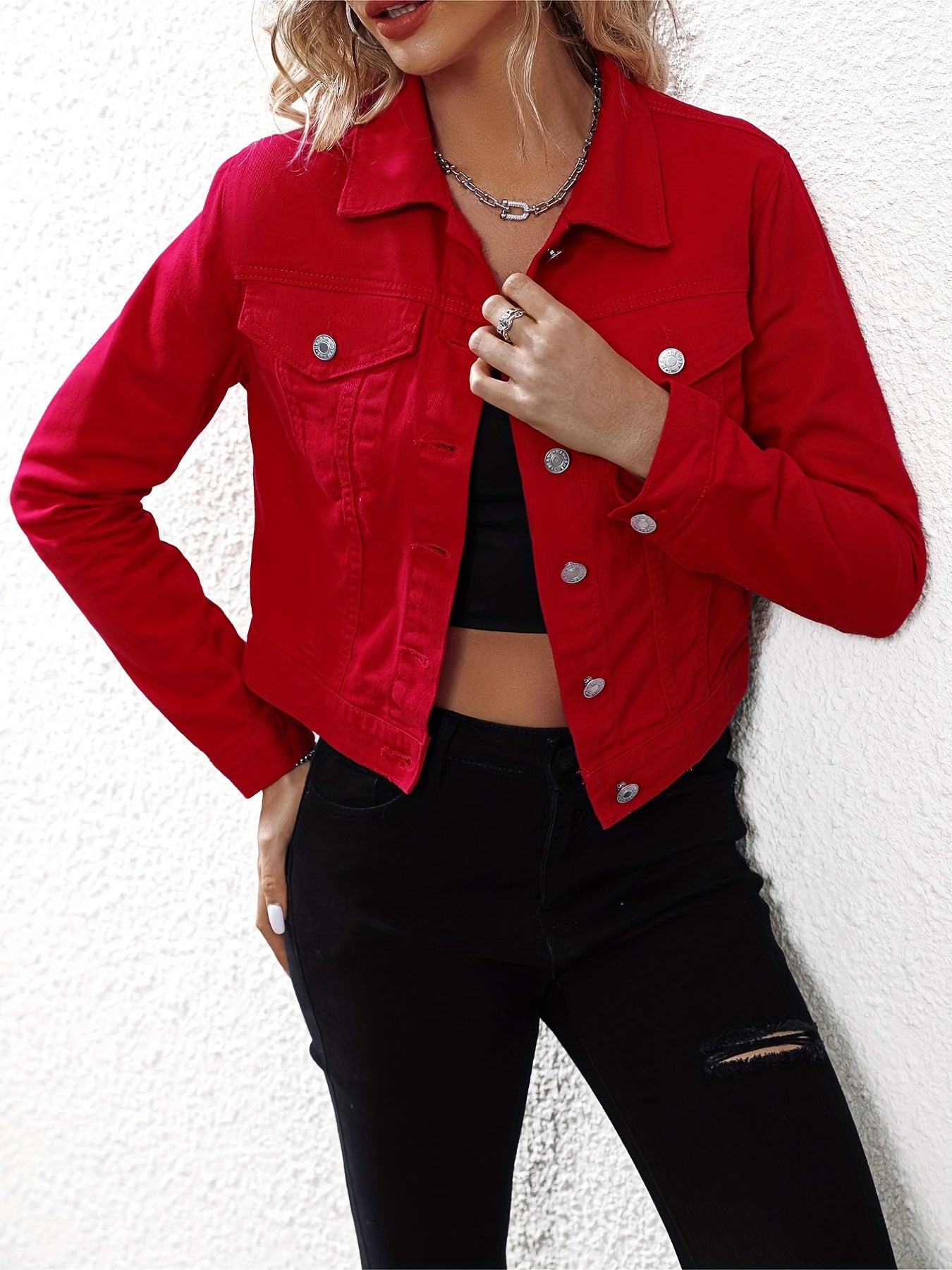 Red Long Sleeves Denim Jacket Slim Fit Single Breasted Button Lapel