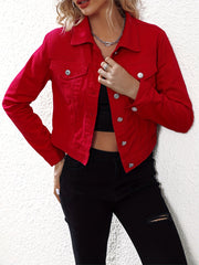 Red Long Sleeves Denim Jacket Slim Fit Single Breasted Button Lapel