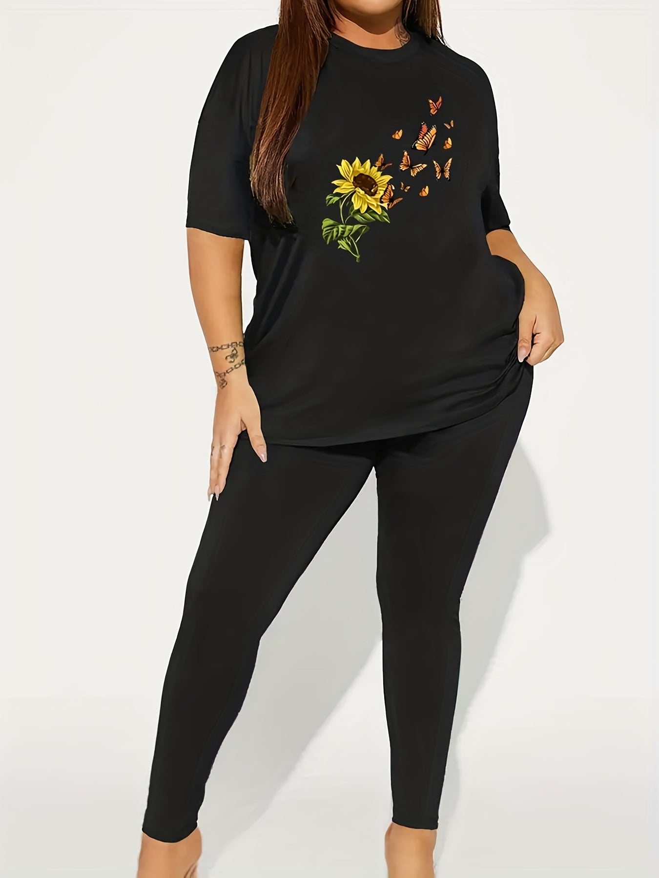 Sunflower & Butterfly Print Top & Pants 2 Piece Set