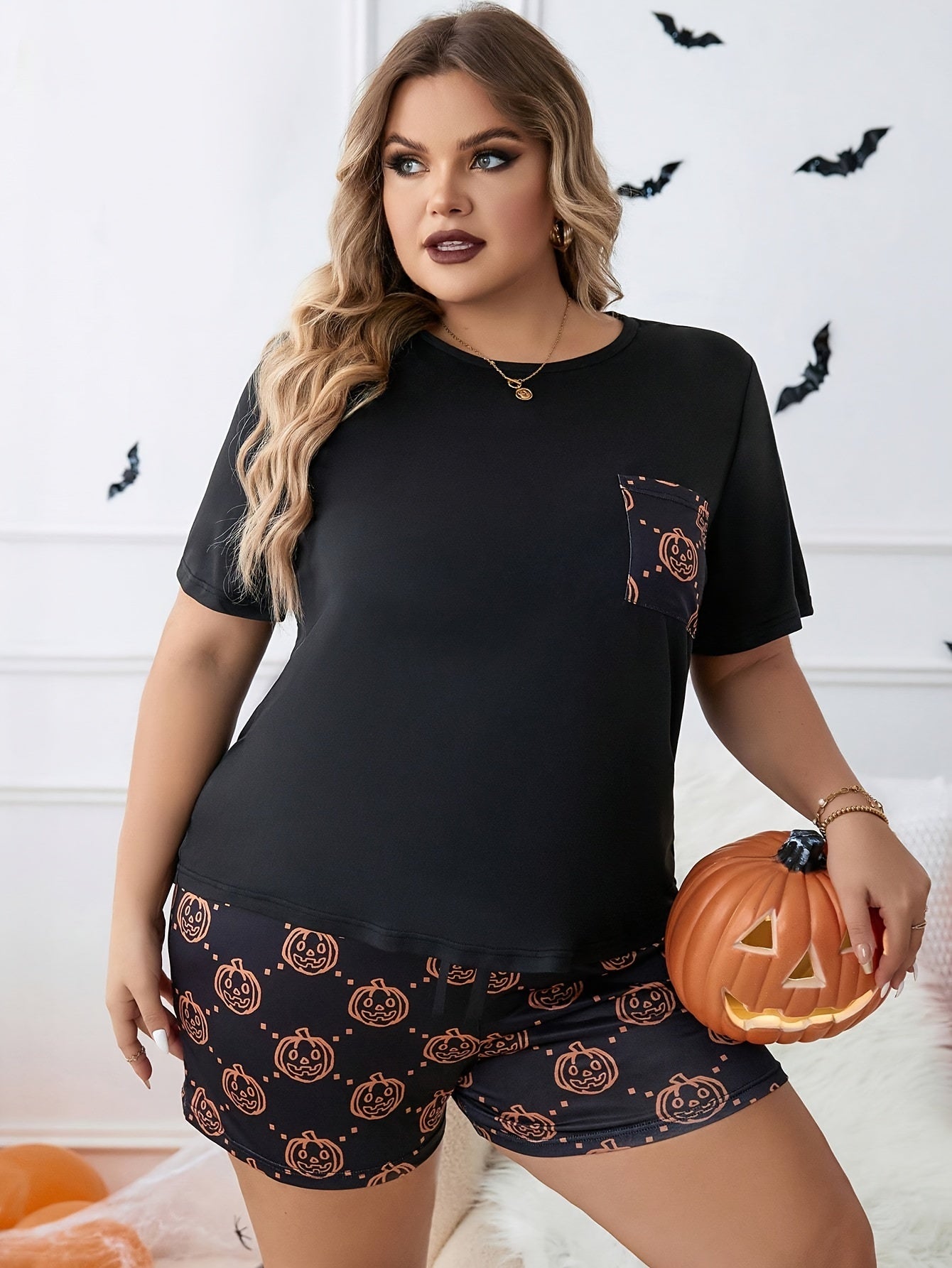 Pumpkin Print Gothic Pajamas Set - 2 Piece Home Wear Set