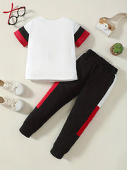 2pcs Little Boy Casual Cotton Block Short Sleeve Tees & Trousers Set