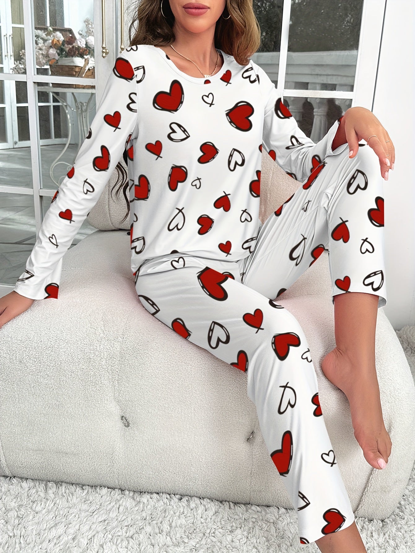 Heart Print Pajama Set Long Sleeve Crew Neck Top & Elastic Waistband Pants