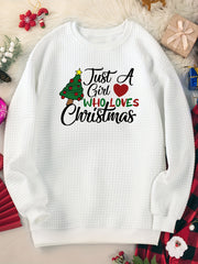 Women's Plus Christmas Tree & Slogan Print Long Sleeve Waffle Top