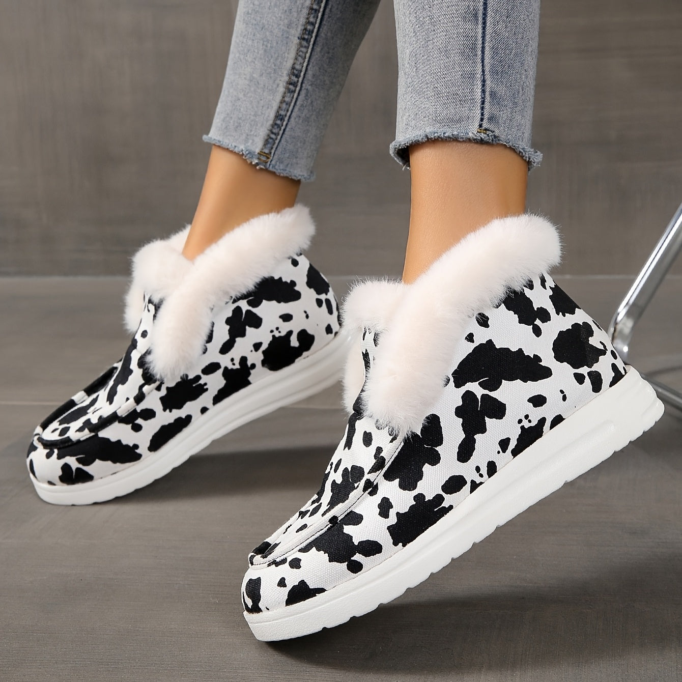 Cow Print Snow Boots Warm Plush Lined Slip On Flat Shoes