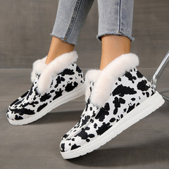 Cow Print Snow Boots Warm Plush Lined Slip On Flat Shoes