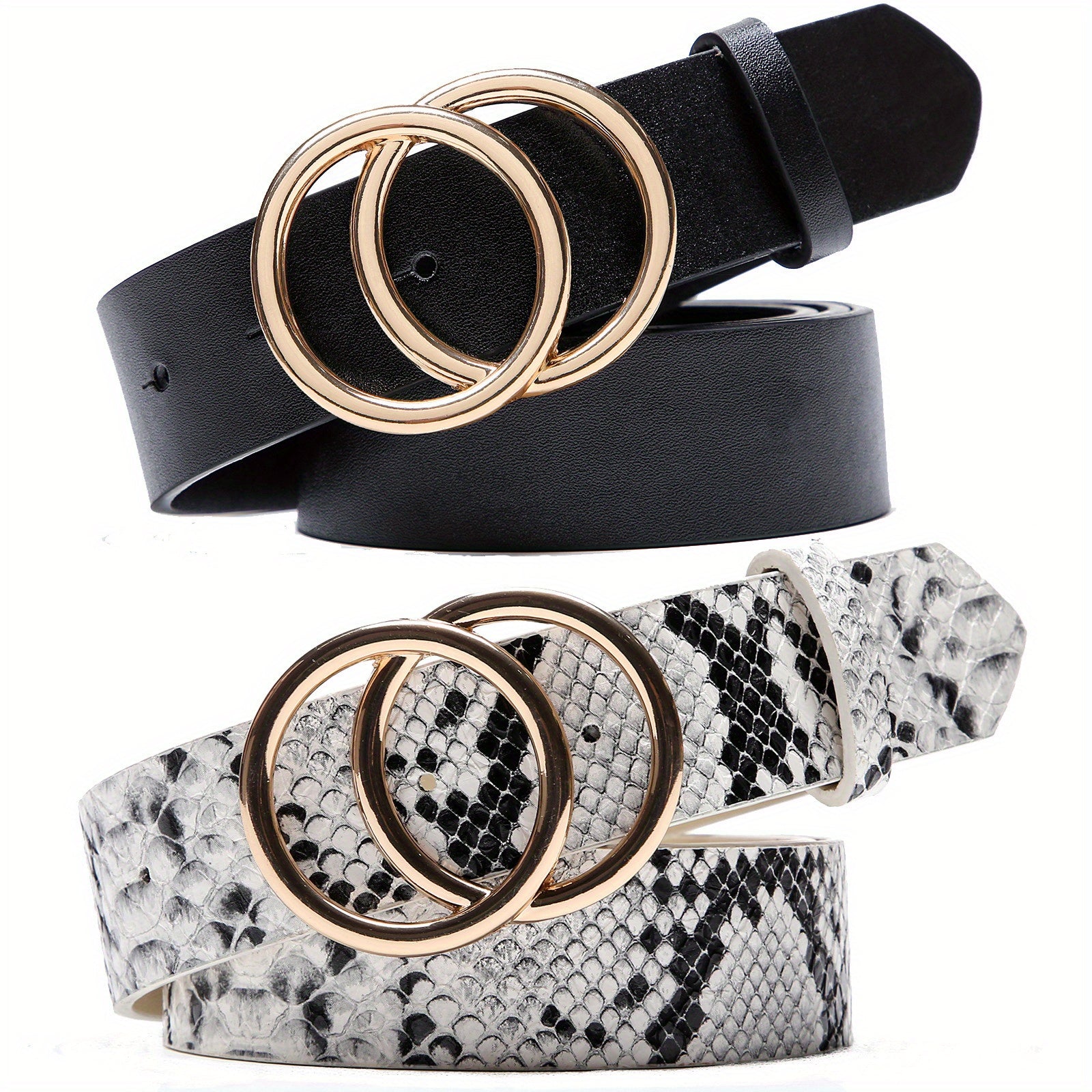 Double O-Ring Buckle PU Leather Belt Casual Waistband for Women