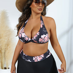 Retro Bikini Set Floral Print Halter Bra & Shorts Swimsuit