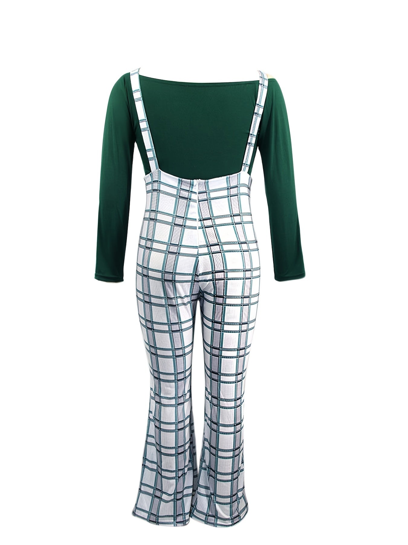 Long Sleeve Crop Top & Plaid Wide Leg Jumpsuit Set