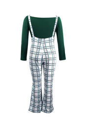 Long Sleeve Crop Top & Plaid Wide Leg Jumpsuit Set
