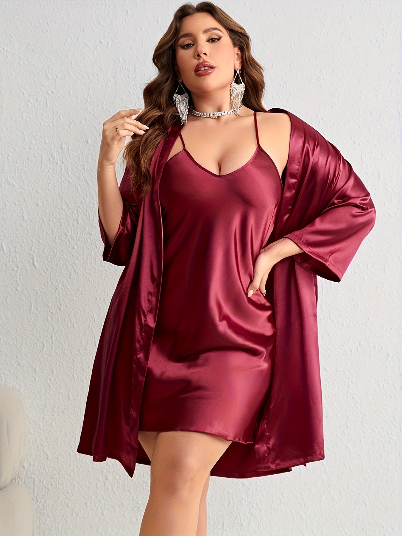 Sexy Satin Kimono Robe & V Neck Cami Dress Pajamas Set