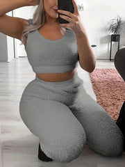 Fuzzy Lounge Set Warm Tank Crop Top & Elastic Waistband Pants