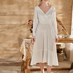 Lace NightDress Long Sleeve V Neck Ruffle Pajama Dress