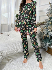 Christmas Print Pajama Set Long Sleeve Crew Neck Top & Elastic Waistband Pants