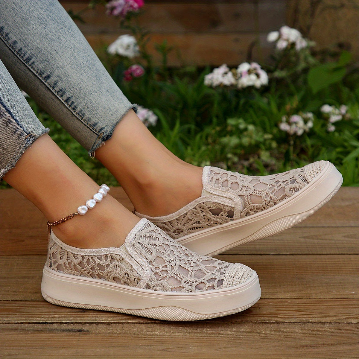 Women's Mesh Panel Slip-On Sneakers with Thick Bottom Shallow Mouth