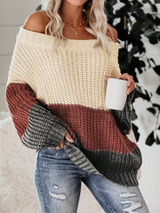 Off Shoulder Block Knit Sweater Long Sleeve Casual Loose