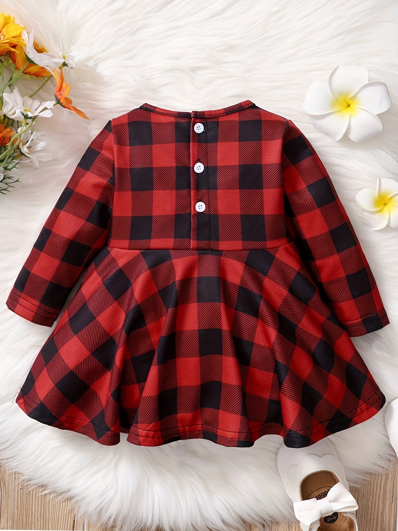 Baby Girls Christmas Plaid Dress Big Bow Long Sleeve Puffy
