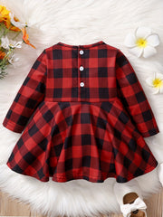 Baby Girls Christmas Plaid Dress Big Bow Long Sleeve Puffy