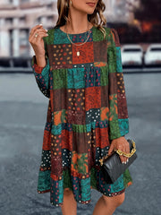 Boho Patchwork Print Lantern Sleeve Round Neck Loose Fit Mini Dress