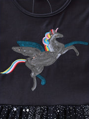 Toddler Girls Ruffle Trim Unicorn Embroidery Party Dress