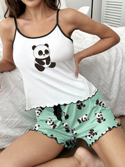 Panda Print Pajama Set Crew Neck Cami & Shorts